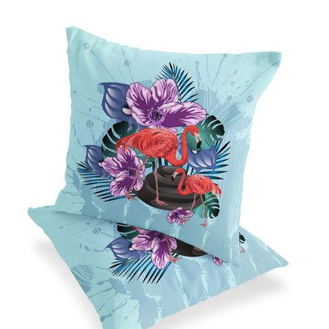 Set of Two 16" X 16" Blue Flamingo Blown Seam Indoor Outdoor Throw Pillow