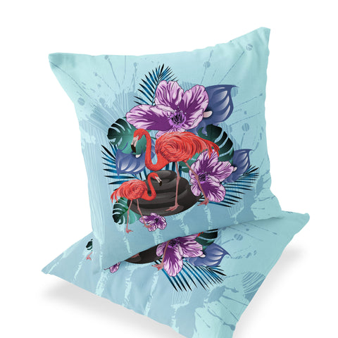 Set of Two 16" X 16" Blue Flamingo Blown Seam Indoor Outdoor Throw Pillow