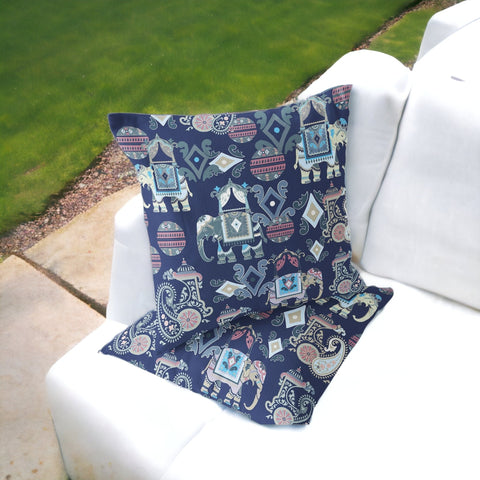 Set of Two 16" X 16" Blue and Gray Elephant Blown Seam Eclectic Indoor Outdoor Throw Pillow