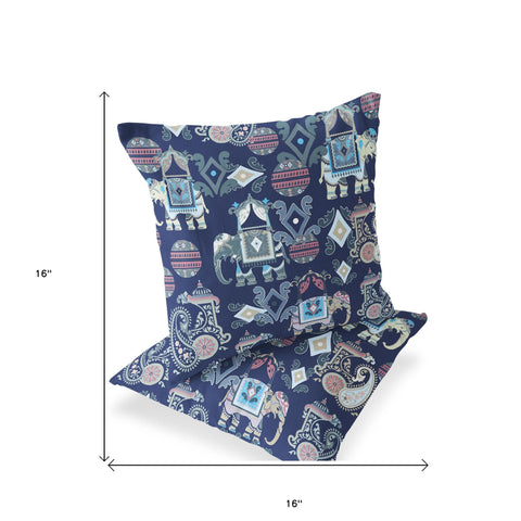 Set of Two 16" X 16" Blue and Gray Elephant Blown Seam Eclectic Indoor Outdoor Throw Pillow