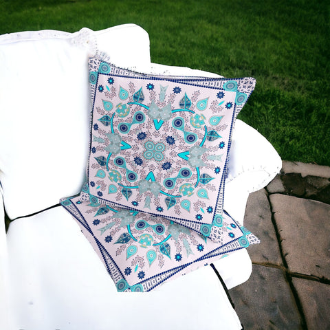 Set of Two 16" X 16" Blue and Pink Blown Seam Paisley Indoor Outdoor Throw Pillow