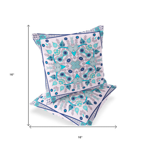 Set of Two 16" X 16" Blue and Pink Blown Seam Paisley Indoor Outdoor Throw Pillow