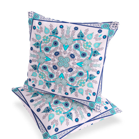 Set of Two 16" X 16" Blue and Pink Blown Seam Paisley Indoor Outdoor Throw Pillow