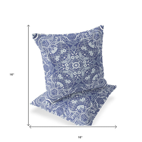 Set of Two 16" X 16" Blue and White Geometric Indoor Outdoor Throw Pillow