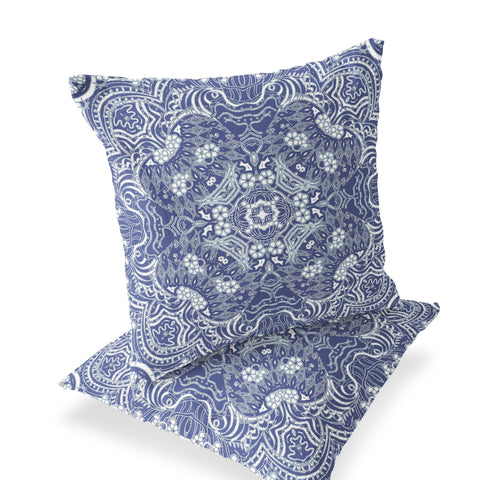 Set of Two 16" X 16" Blue and White Geometric Indoor Outdoor Throw Pillow