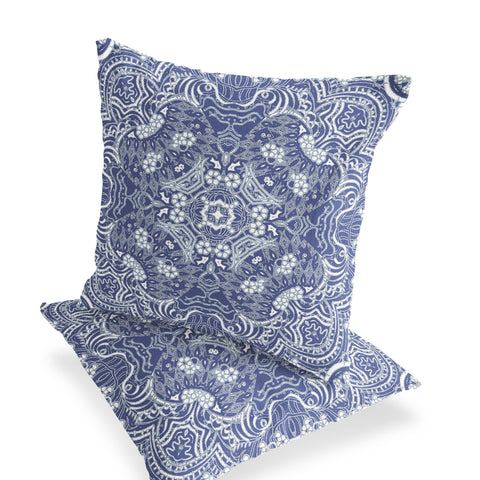 Set of Two 16" X 16" Blue and White Geometric Indoor Outdoor Throw Pillow