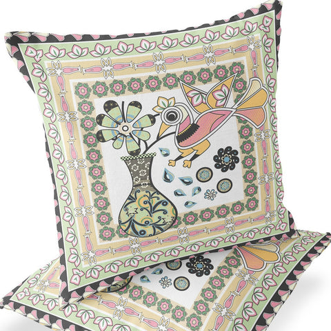 Set of Two 16" X 16" Green and White Peacock Blown Seam Floral Indoor Outdoor Throw Pillow