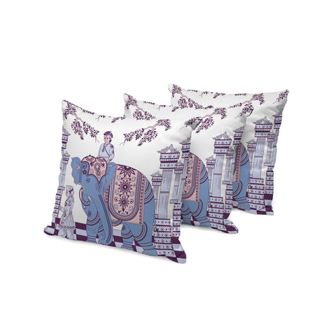 Set of Three 16" X 16" Blue and Purple Elephant Blown Seam Floral Indoor Outdoor Throw Pillow