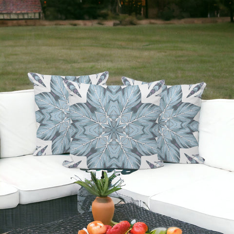 Set of Three 16" X 16" Blue and White Geometric Indoor Outdoor Throw Pillow