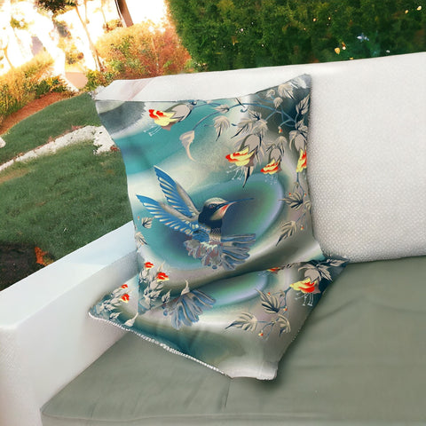 Set of Two 16" X 16" Turquoise Bird Blown Seam Indoor Outdoor Throw Pillow