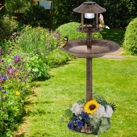 Pedestal Bird Bath with Solar Light with Bird Feeder and Flower Planter-Bronze