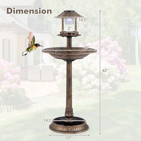 Pedestal Bird Bath with Solar Light with Bird Feeder and Flower Planter-Bronze