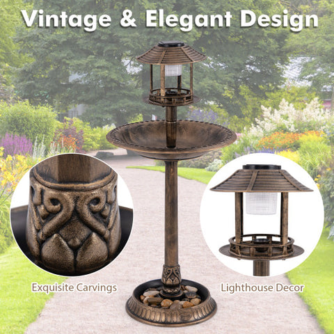 Pedestal Bird Bath with Solar Light with Bird Feeder and Flower Planter-Bronze