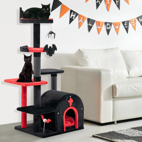 Gothic Cat Tree 53" Tall Cat Tower with Cat Bed and Arch-Shaped Condo-Black