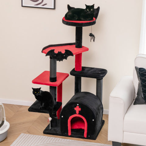 Gothic Cat Tree 53" Tall Cat Tower with Cat Bed and Arch-Shaped Condo-Black