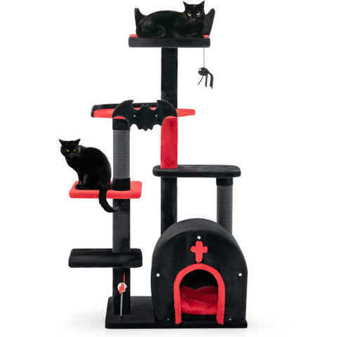 Gothic Cat Tree 53" Tall Cat Tower with Cat Bed and Arch-Shaped Condo-Black