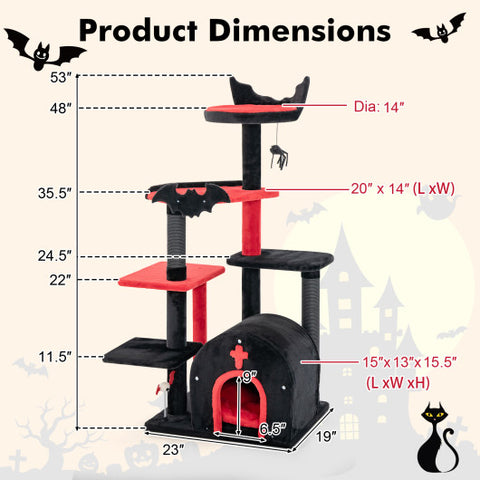 Gothic Cat Tree 53" Tall Cat Tower with Cat Bed and Arch-Shaped Condo-Black