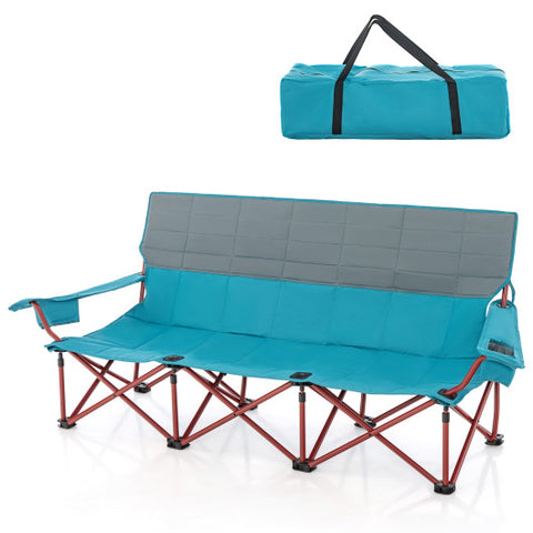 3 Person Folding Camping Chair with 2 Cup Holders Cotton Padding & Storage Bag-Blue