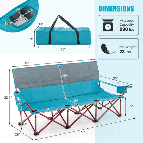 3 Person Folding Camping Chair with 2 Cup Holders Cotton Padding & Storage Bag-Blue