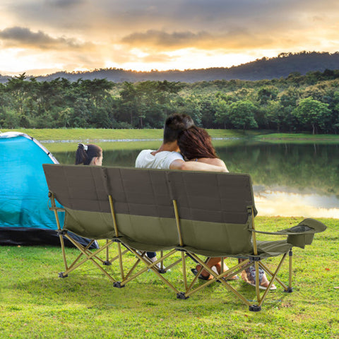 3 Person Folding Camping Chair with 2 Cup Holders Cotton Padding & Storage Bag-Green