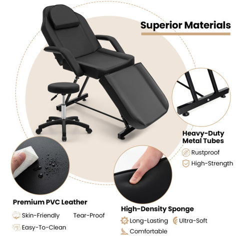 73 Inch Facial Chair Set with Removable Headrest Detachable Armrests and Towel Rack-Black