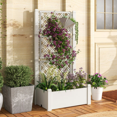 Outdoor Planter Box Self-Watering Raised Garden Bed Trellis with Water Level Indicator-White