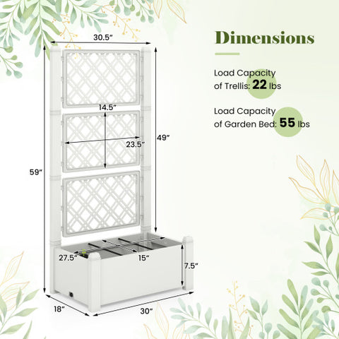 Outdoor Planter Box Self-Watering Raised Garden Bed Trellis with Water Level Indicator-White