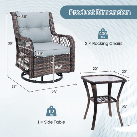 3 Pieces Outdoor Swivel Rocker Set with Small Side Table-Gray