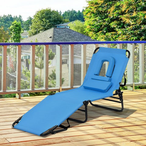 Outdoor Folding Chaise Beach Pool Patio Lounge Chair Bed with Adjustable Back and Hole-Blue