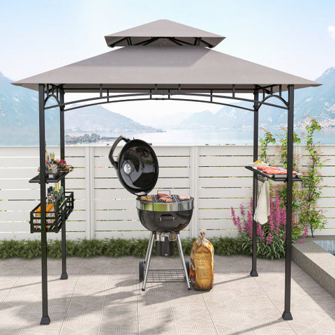 8 x 5 FT Outdoor Grill Gazebo with 2 Side Shelves and 20 Hooks-Gray