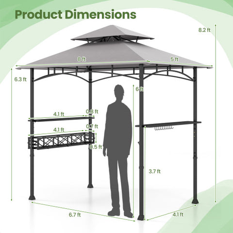 8 x 5 FT Outdoor Grill Gazebo with 2 Side Shelves and 20 Hooks-Gray