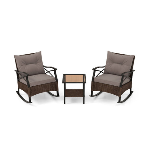 3 Pieces Outdoor Rattan Rocking Chairs Set with  2-Tier Side Table for Garden Backyard-Brown