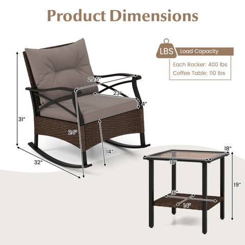 3 Pieces Outdoor Rattan Rocking Chairs Set with  2-Tier Side Table for Garden Backyard-Brown