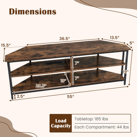 3-Tier Corner TV Stand for TVs up to 65 Inches with Charging Station- Rustic Brown