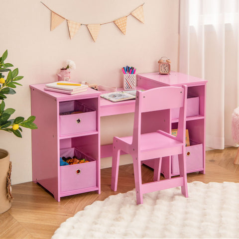 Kids Vanity Table and Chair Set with Removable Mirrors and 4 Storage Bins-Pink