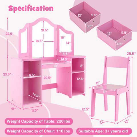 Kids Vanity Table and Chair Set with Removable Mirrors and 4 Storage Bins-Pink