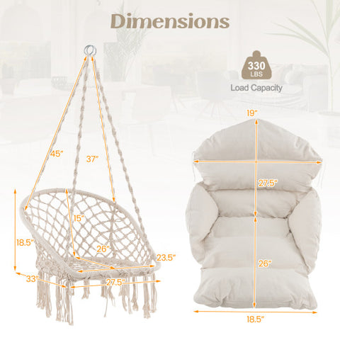 Hammock Chair with Thick Cushion & Macrame Holds up to 330 LBS-Beige