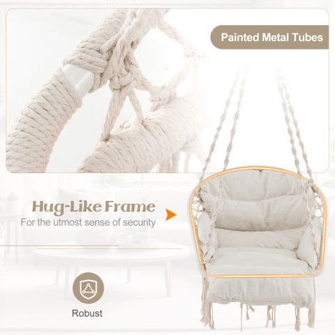 Hammock Chair with Thick Cushion & Macrame Holds up to 330 LBS-Beige