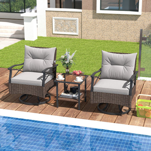 3 Pieces Outdoor Swivel Rocking Chairs Set with 2-Tier Tempered Glass Side Table-Brown