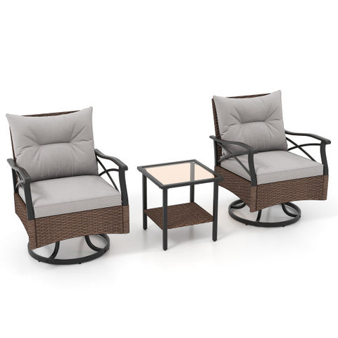 3 Pieces Outdoor Swivel Rocking Chairs Set with 2-Tier Tempered Glass Side Table-Brown