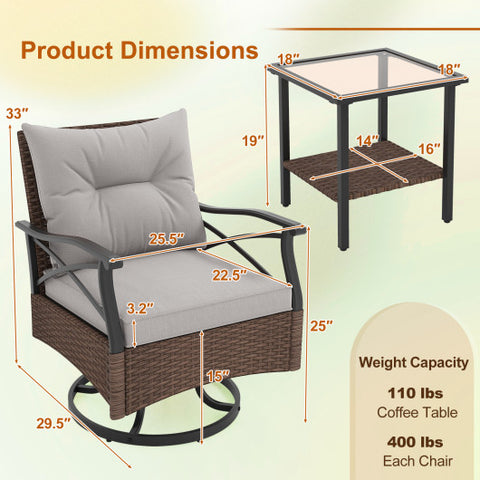 3 Pieces Outdoor Swivel Rocking Chairs Set with 2-Tier Tempered Glass Side Table-Brown