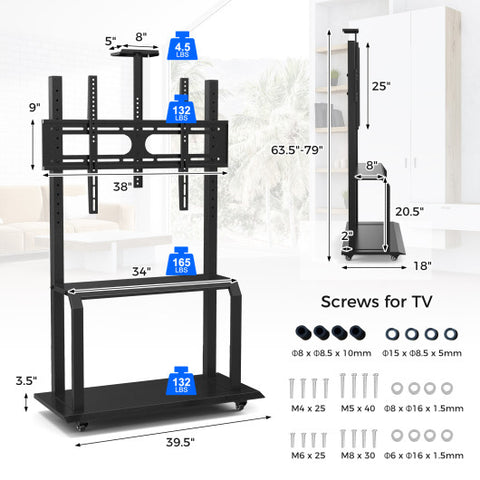 Mobile TV Stand with Camera Shelf and AV Shelves for 32-80 Inch Flat/Curved TVs