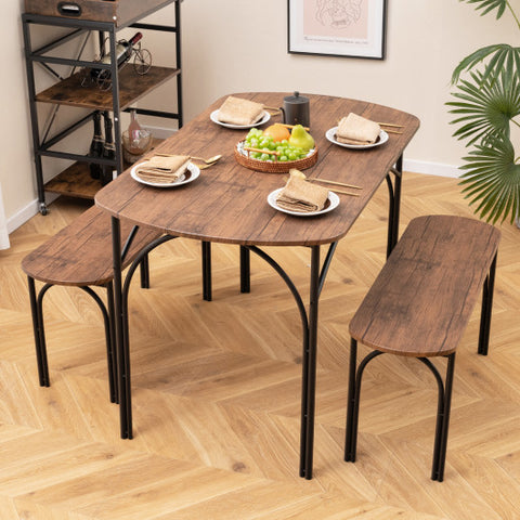 3-Piece Dining Table Set for 4 with Metal Frame-Brown