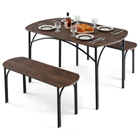 3-Piece Dining Table Set for 4 with Metal Frame-Brown