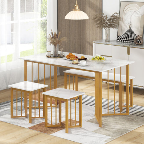 4 Piece Dining Table Set with Bench and 2 Stools-White