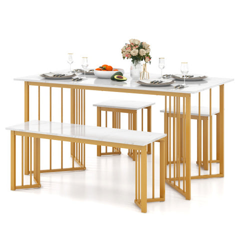 4 Piece Dining Table Set with Bench and 2 Stools-White