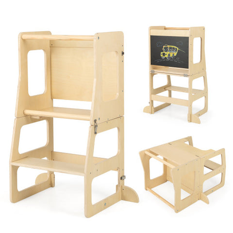 3-in-1 Foldable Kitchen Standing Tower for Toddlers with Chalkboard-Natural