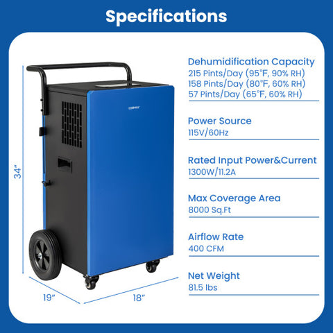 215 Pints 8000 Sq.Ft Commercial Dehumidifier For Home and Basement with 24H Timer-Blue