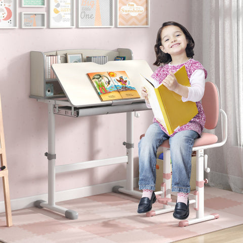 Height Adjustable Kids Study Desk with Tilt Desktop-Gray