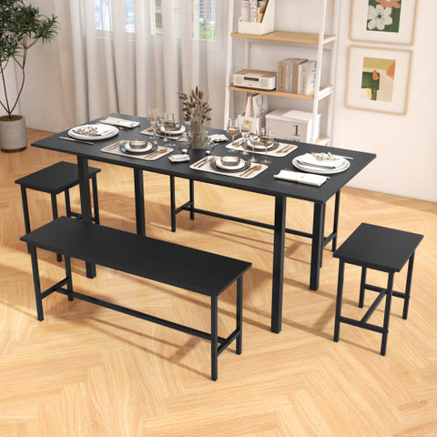 5 Piece Dining Table Set for 4-6 with 2 Benches & 2 Stools for Kitchen Dining Room-Black